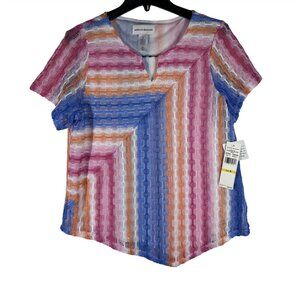 Alfred Dunner Womens Multicolor Zigzag Lace Short Sleeve Top Size M NWT‎